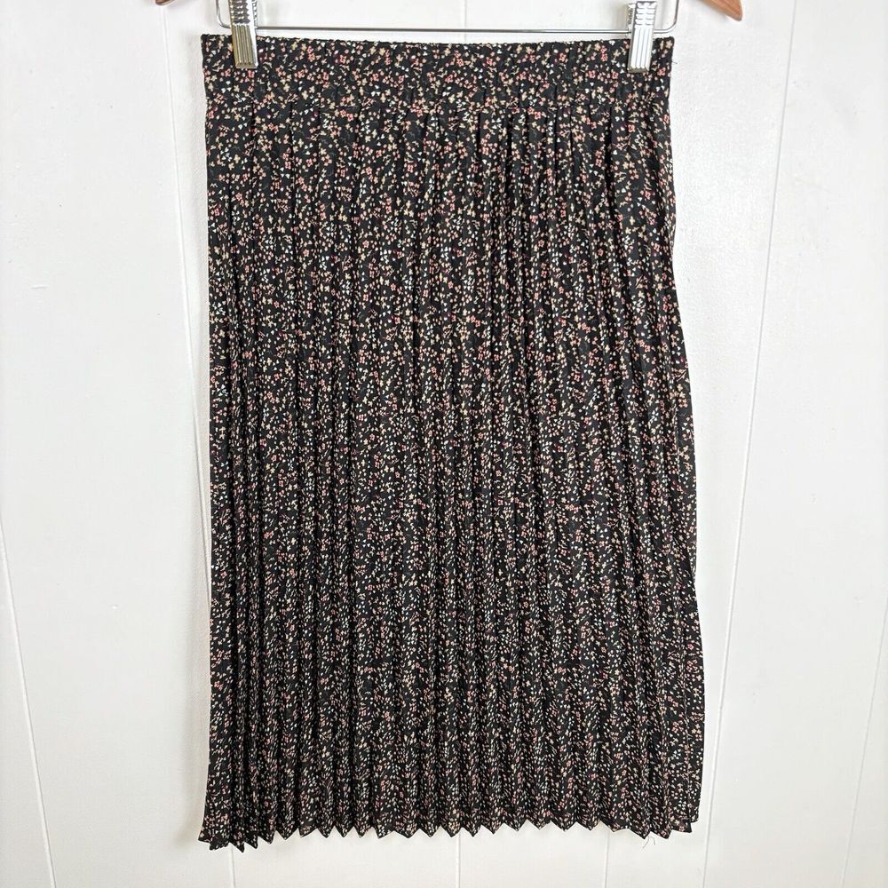 Pleione Women's Small Black Pink Floral Pleated Midi Skirt Pull On Elastic Waist